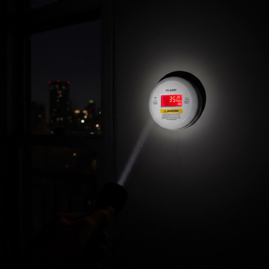 Carbon monoxide detector in dark apartment during blackout