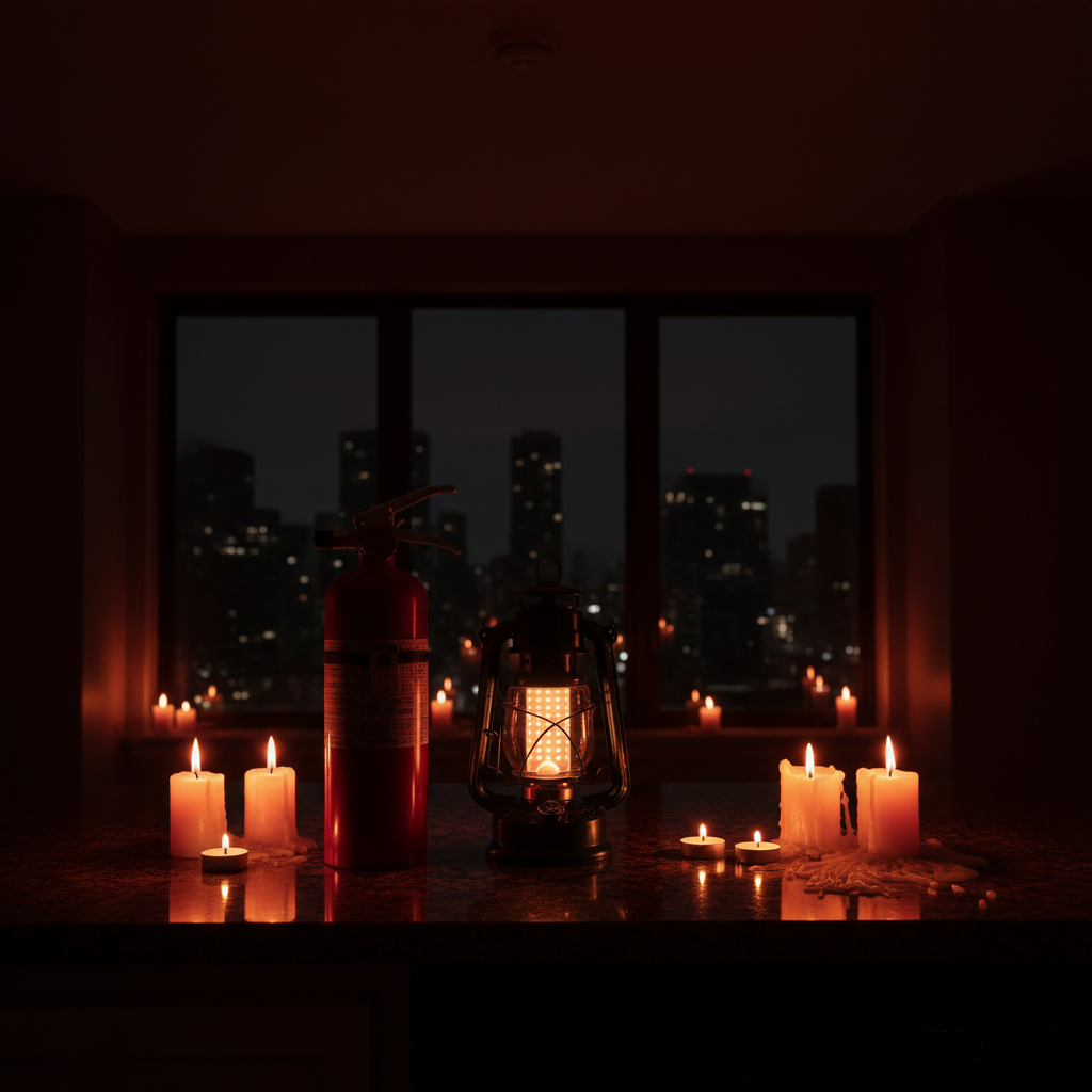 Fire extinguisher and emergency supplies in dark apartment during blackout