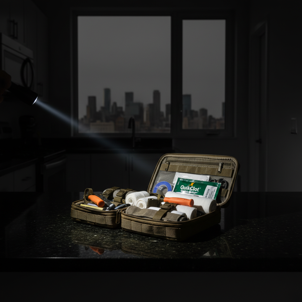 First aid kit open on kitchen counter during apartment blackout with flashlight illumination