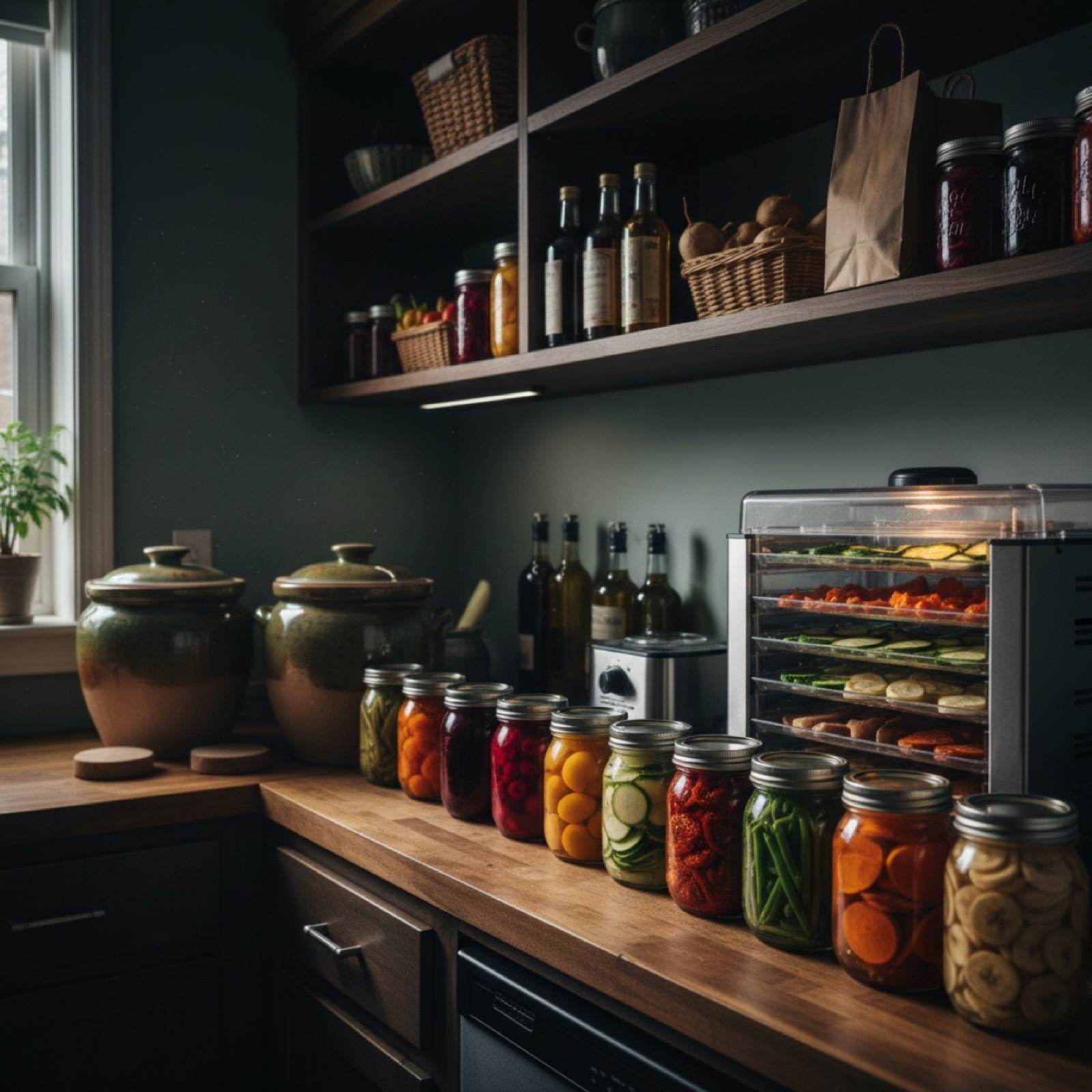 Food preservation setup with mason jars, dehydrator, and fermentation crocks