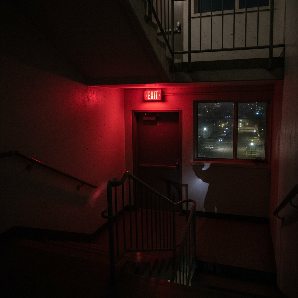 Emergency stairwell in high-rise apartment building during blackout
