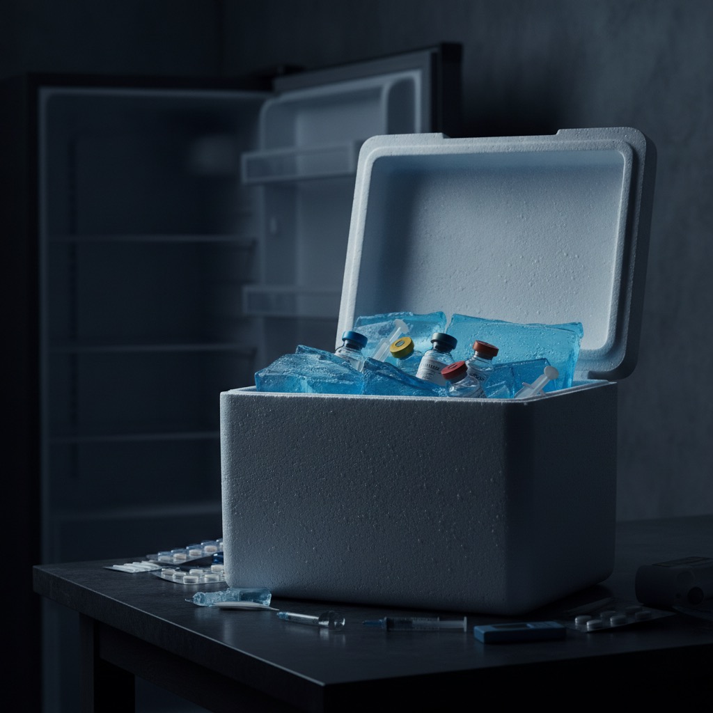 Insulin vials kept cold in a Frio wallet and cooler during an outage