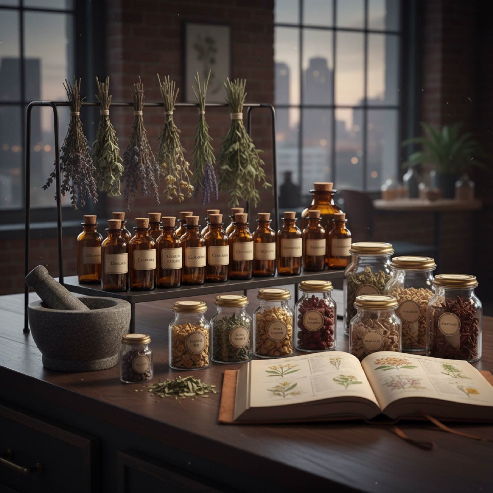 Medicinal herbs, tinctures, and reference book on dark counter