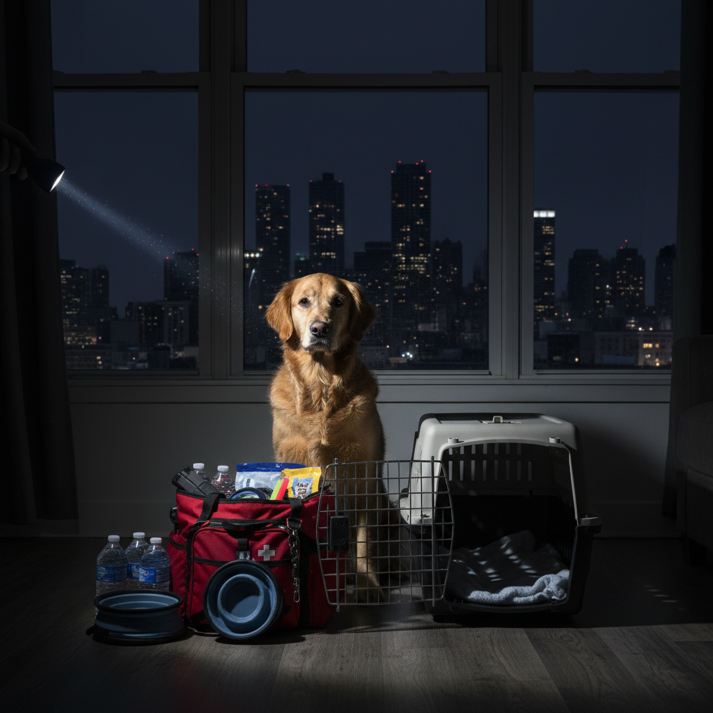 Emergency pet supplies ready for apartment evacuation with pet carrier and go-bag