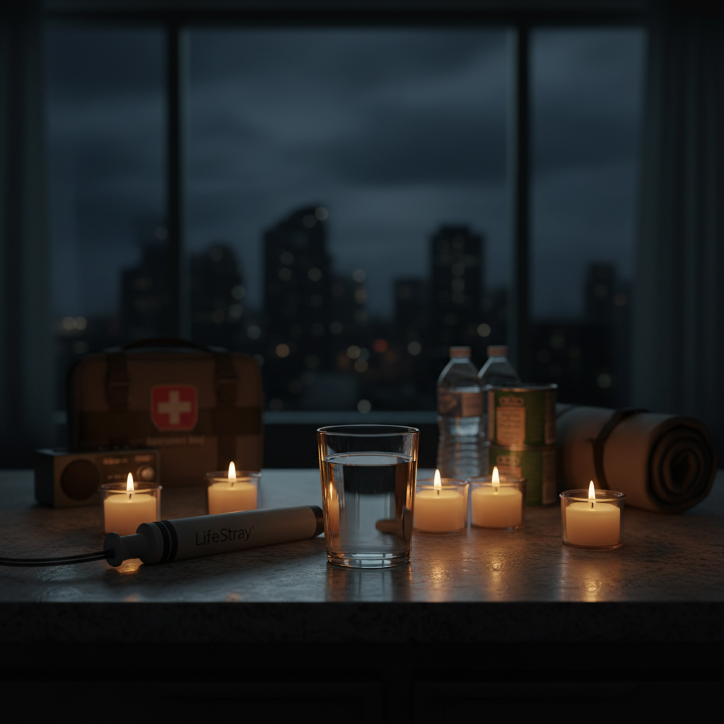 Water purification setup in dark apartment during blackout