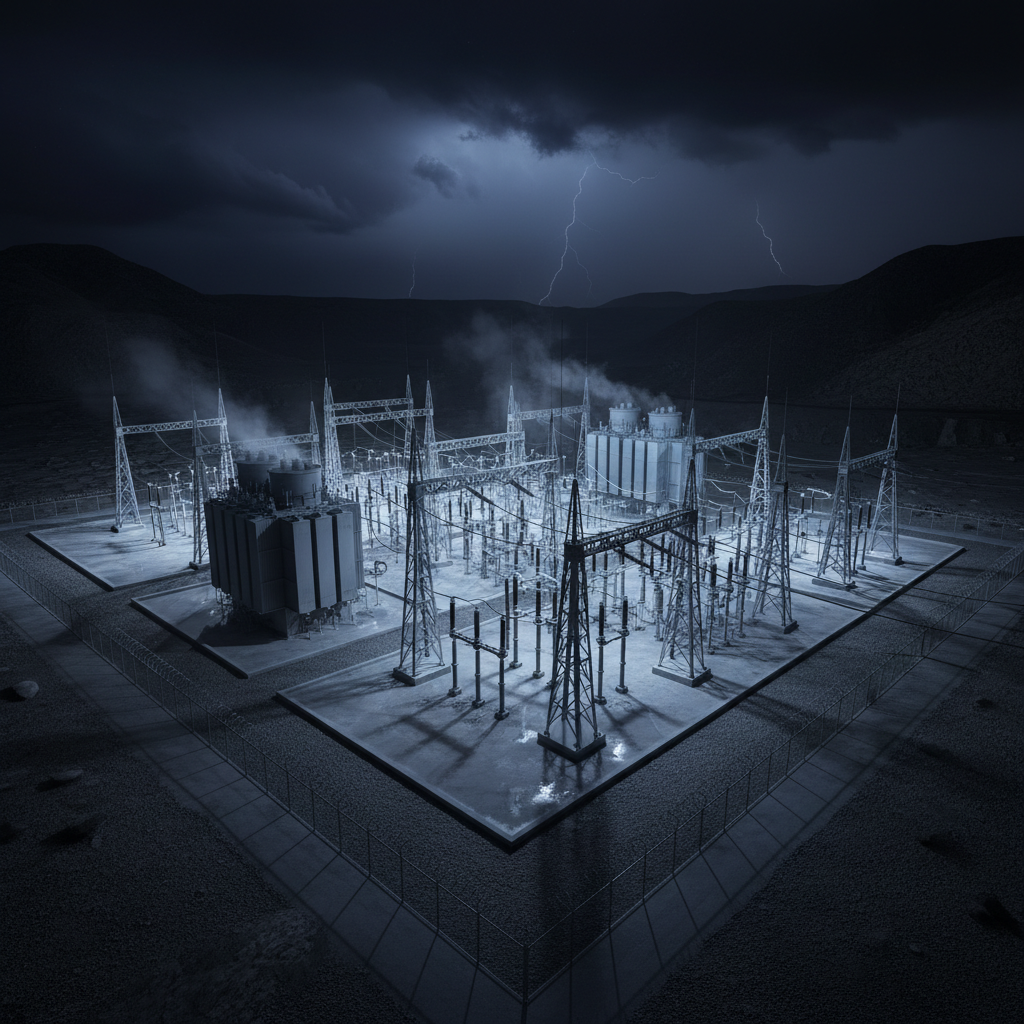 High-voltage electrical substation at night